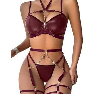 🆕Women Brown Sexy Pu Leather Strappy Underwire Garter Belt Lingerie Set